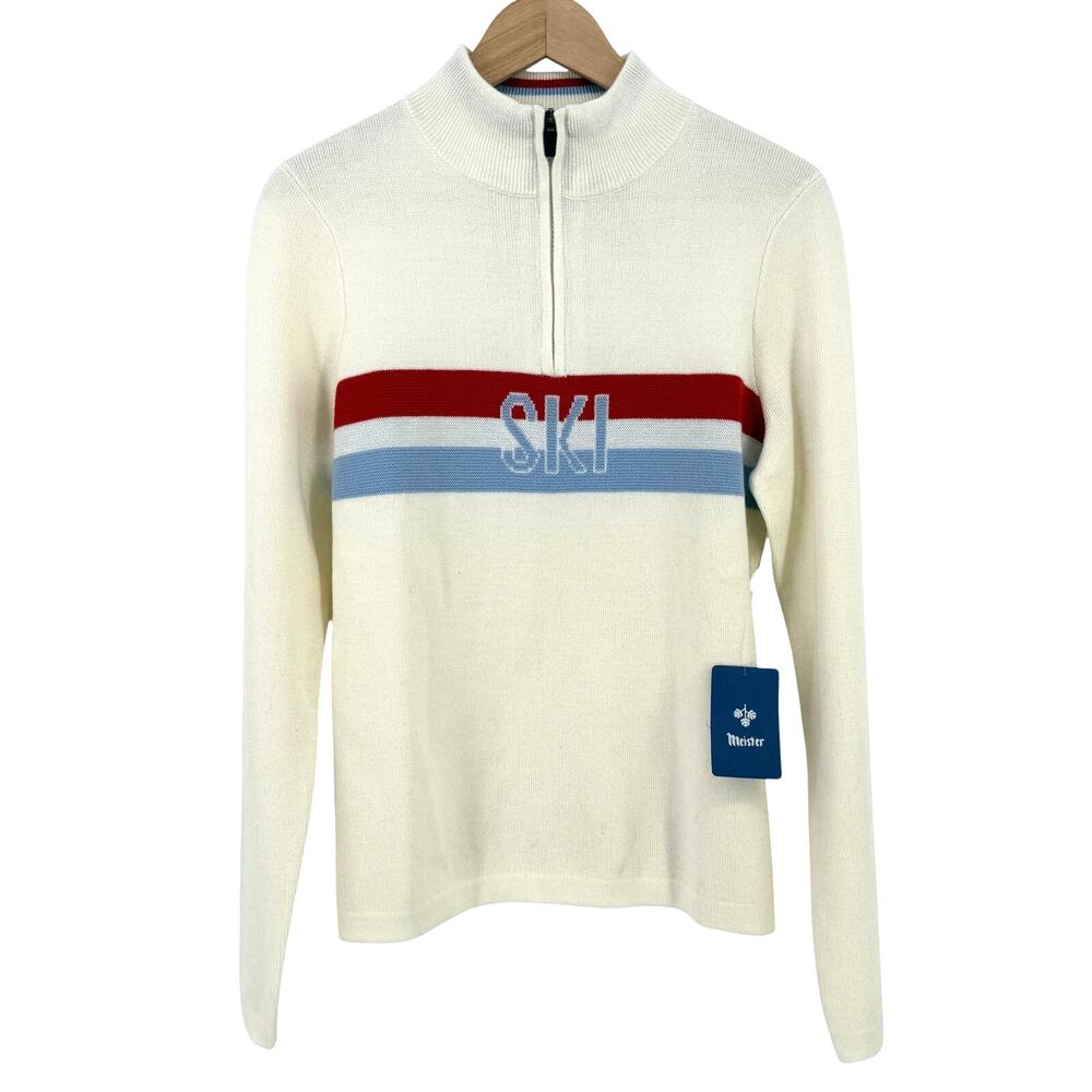 Meister Luna Ski Theme Knit Zip Sweater Womens Sz Large Winter White Blue Red
